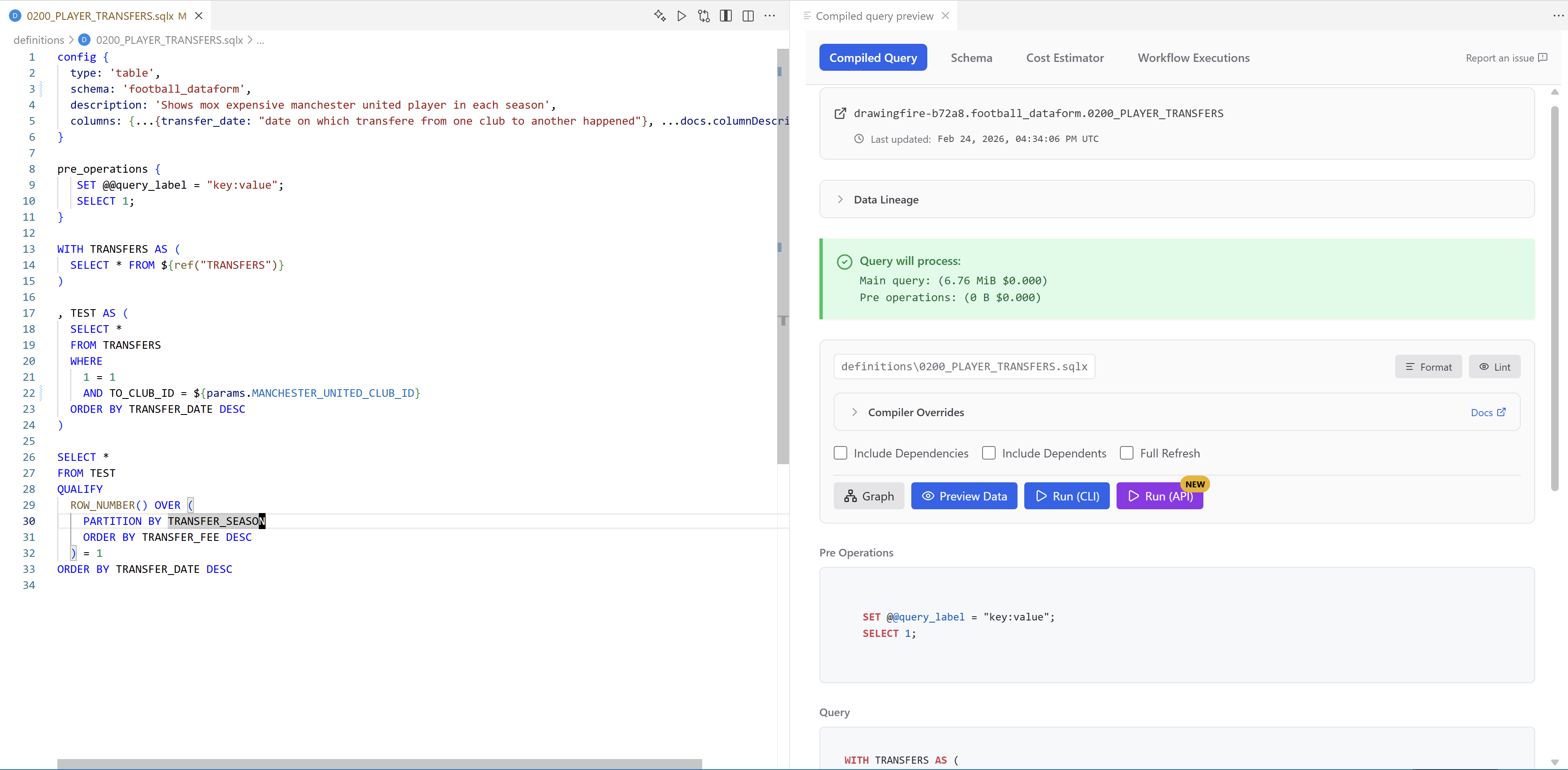 Compiled query & dry run in Dataform Tools